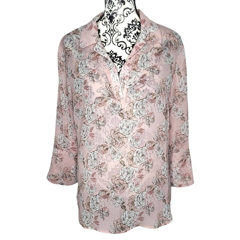 Kut from the Kloth Popover Blouse Size Large Pink Floral Bell Sleeve